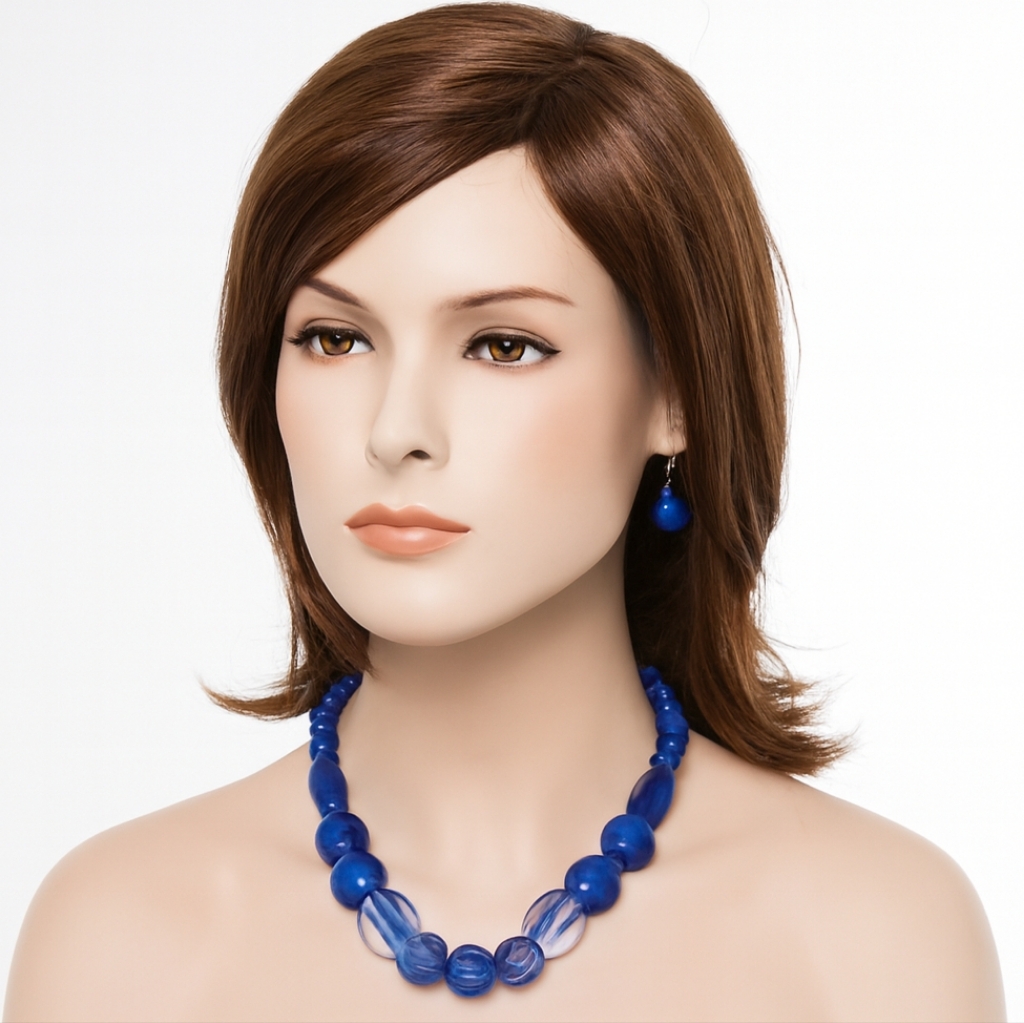 Blue Chunky Beaded Statement Necklace & Earrings Set Silver Women Jewelry, 18"